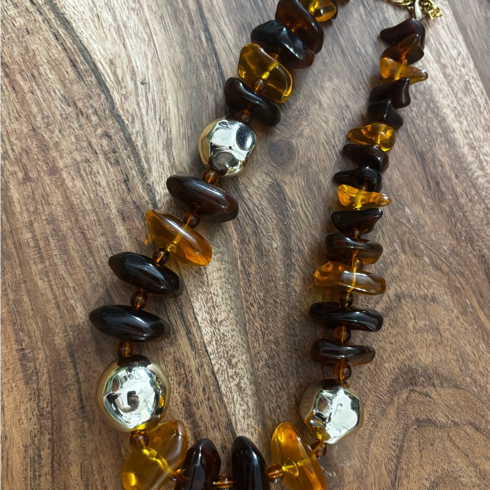 Vintage Faux Gold Amber Beaded Statement Necklace with Gold Accent chunky Beads